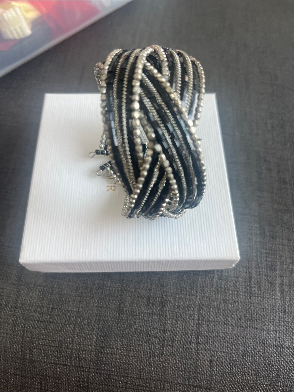 Vintage Silver tone and Black Beads Cuff
